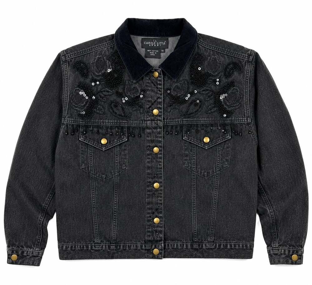 Carole Little Sport Vintage Black Denim Embellished Jacket with Velvet Collar